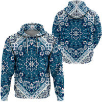 Blue paisley bandana pullover hoodie front view, kangaroo pocket, drawstring hood