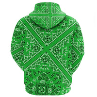 Green pullover hoodie back close-up with white paisley bandana print and drawstring hood