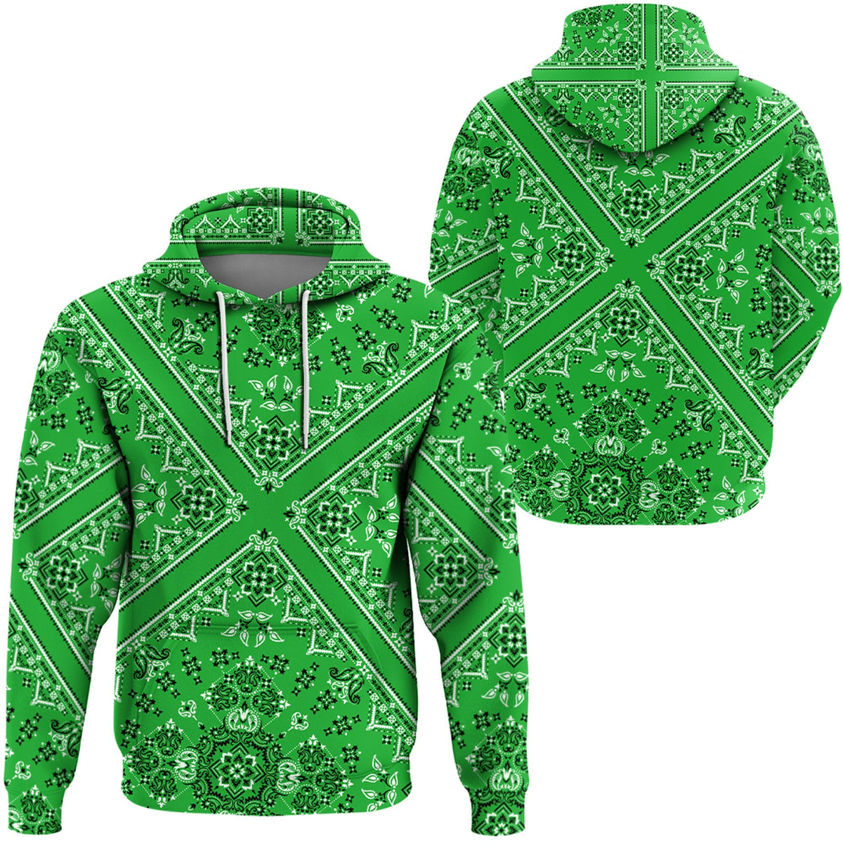 Green pullover hoodie back view with white bandana paisley print and drawstring hood
