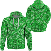 Green pullover hoodie back view with white bandana paisley print and drawstring hood