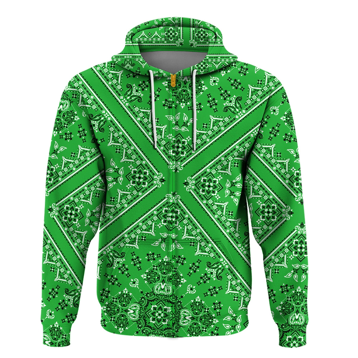 Green pullover hoodie front with white bandana paisley pattern, V seam and drawstrings