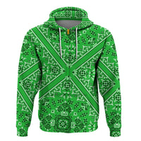 Green pullover hoodie front with white bandana paisley pattern, V seam and drawstrings