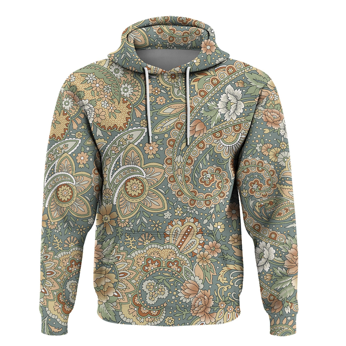 Paisley pullover hoodie in blue-green with floral paisley print, drawstring hood and pocket