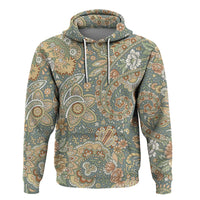 Paisley pullover hoodie in blue-green with floral paisley print, drawstring hood and pocket