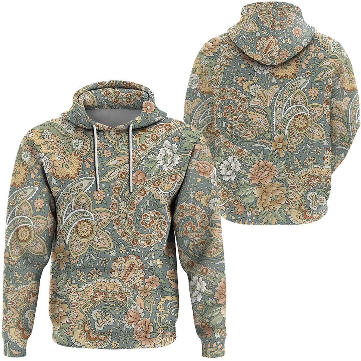 Paisley pullover hoodie, blue-green floral paisley print, front kangaroo pocket and hood