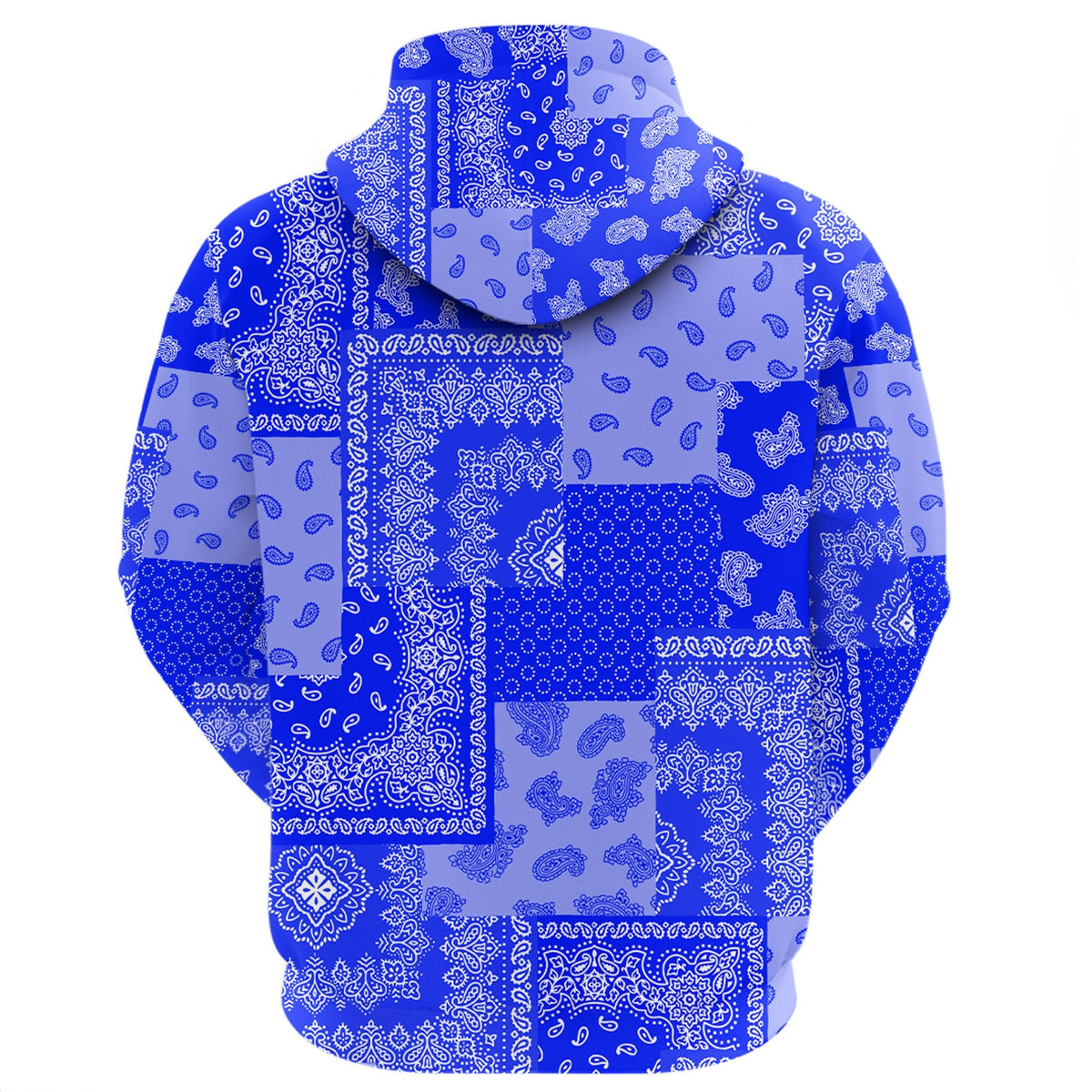 Blue paisley patchwork hoodie back, full-print pattern on hood and sleeves