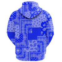 Blue paisley patchwork hoodie back, full-print pattern on hood and sleeves