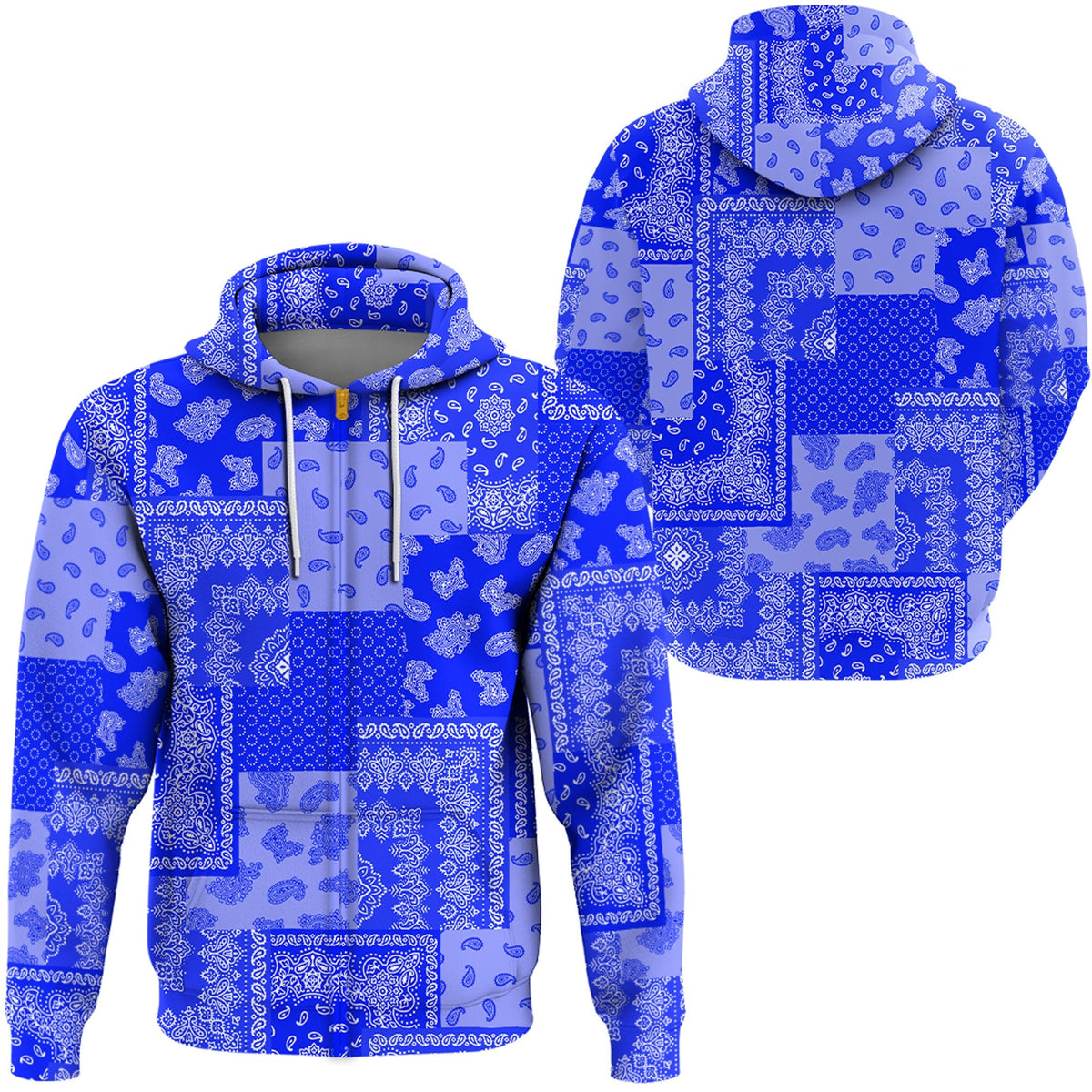 Blue paisley patchwork hoodie, pullover with hood and drawstring cords