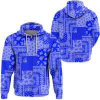 Blue paisley patchwork hoodie, pullover with hood and drawstring cords