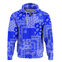 Blue paisley patchwork pullover hoodie with kangaroo pocket and drawstring hood