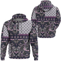 Paisley bandana pullover hoodie, all-over purple and pink ornamental pattern, front view