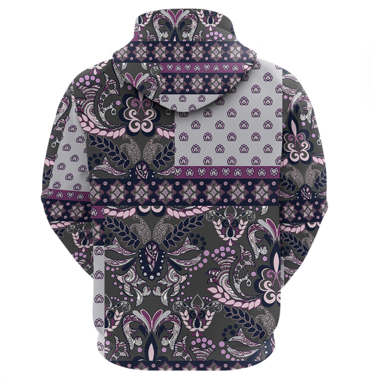 Back view paisley bandana pullover hoodie with hood, dark base and purple/pink floral print