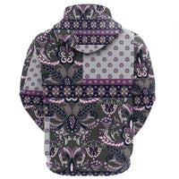 Back view paisley bandana pullover hoodie with hood, dark base and purple/pink floral print