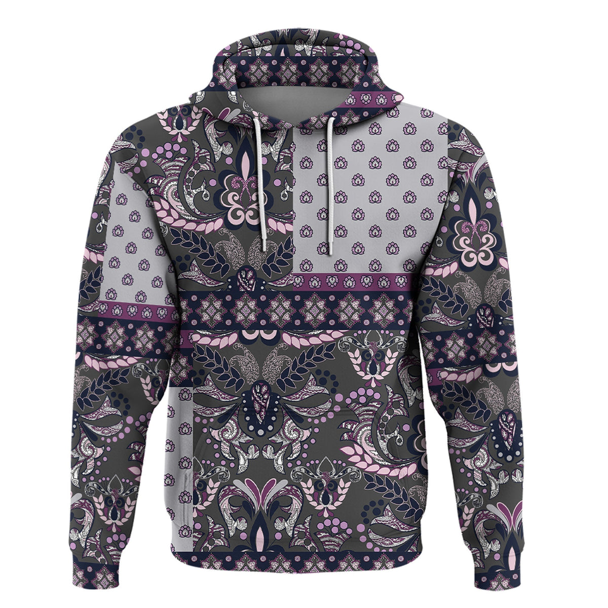 Paisley bandana pullover hoodie, full chest band and sleeve print in dark with purple highlights
