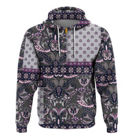 Front view pullover hoodie with drawstring hood and paisley bandana print in dark, purple, pink