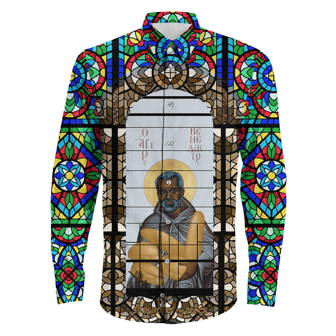 saint-benedict-of-the-african-on-stained-glass-long-sleeve-button-shirt