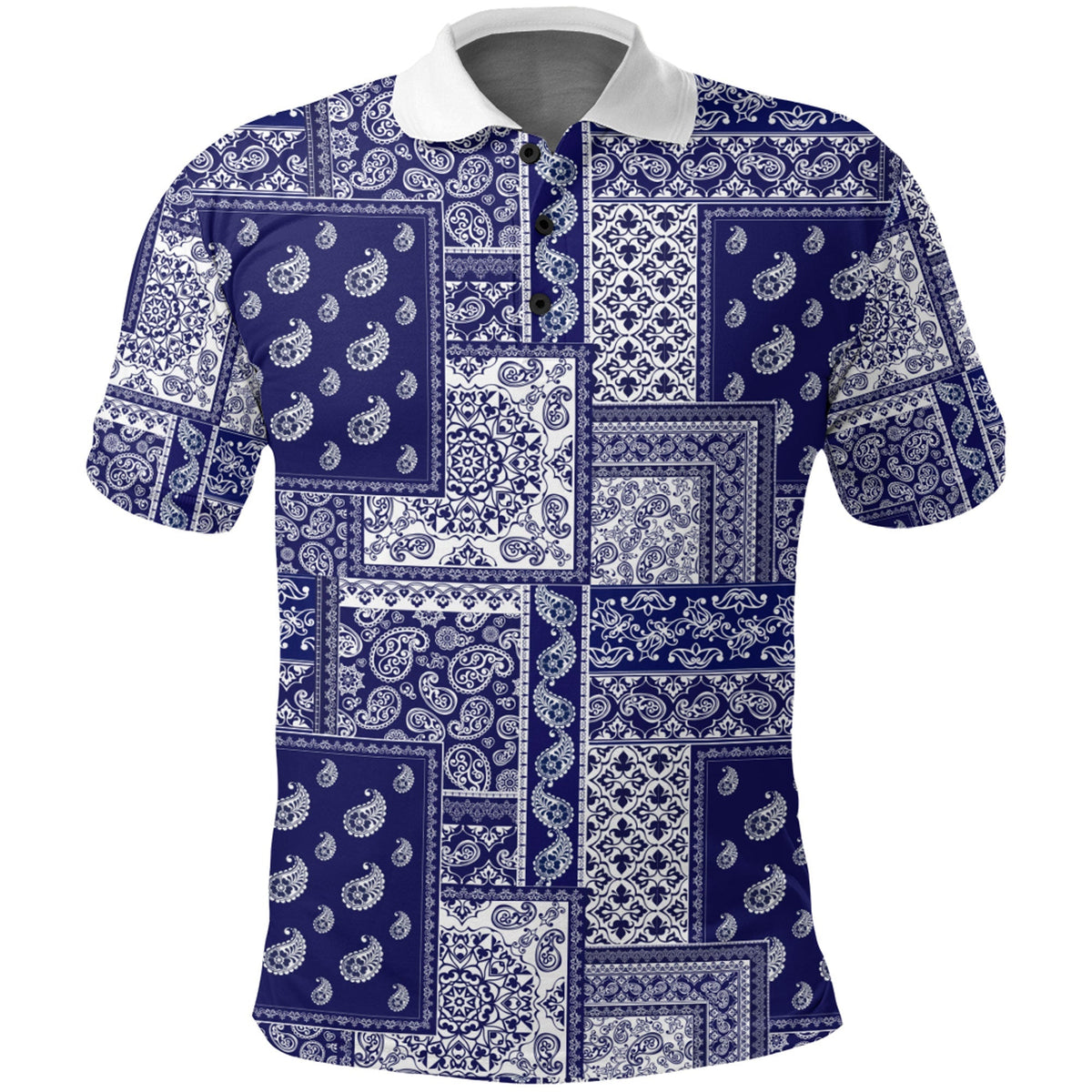 Navy-blue paisley patchwork polo with white collar and button placket