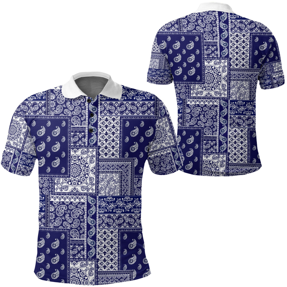 Blue paisley bandana-print polo shirt with short sleeves, white-collar button front