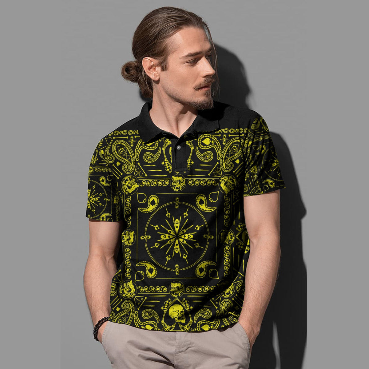 Men’s polo shirt with black-and-neon yellow paisley bandana print, short sleeves, collar