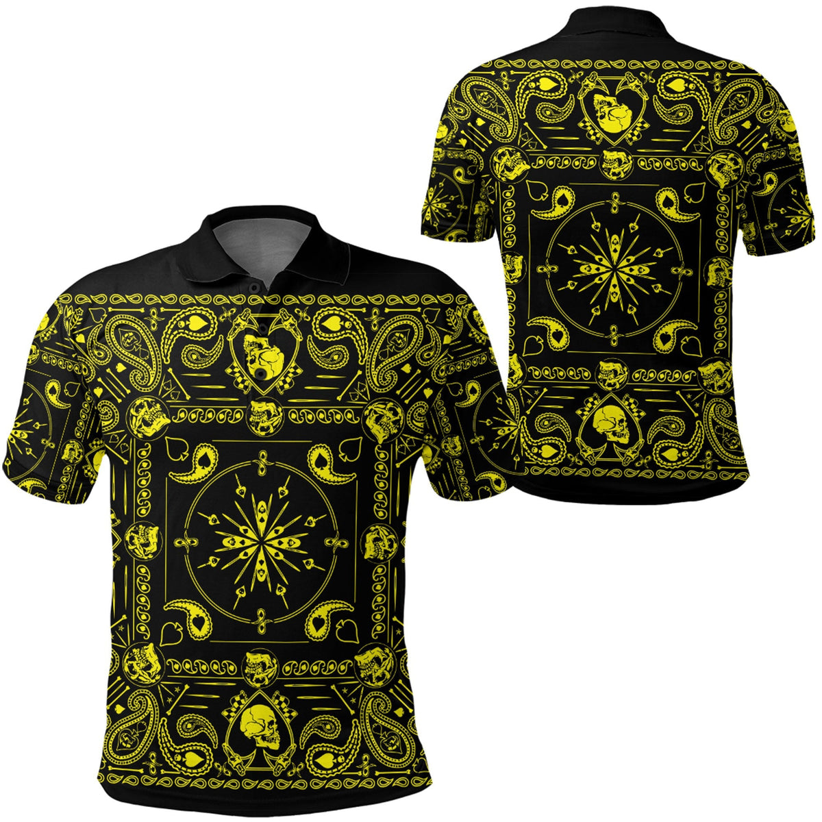 Polo shirt front and back shown: black with neon yellow bandana paisley pattern, collar