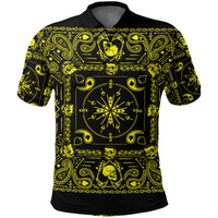 Front view polo: black base with neon yellow paisley bandana motifs, button collar