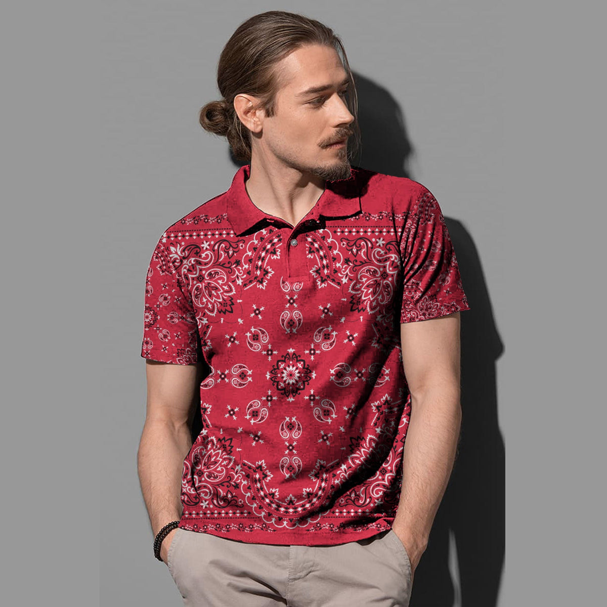 Red paisley bandana print polo shirt with button placket, short sleeves