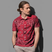 Red paisley bandana print polo shirt with button placket, short sleeves