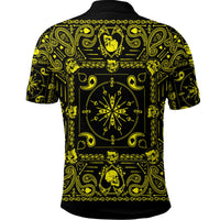 Back view polo: black with neon yellow bandana paisley pattern, curved hem