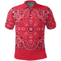 Red paisley bandana polo shirt front view with pointed collar and button placket