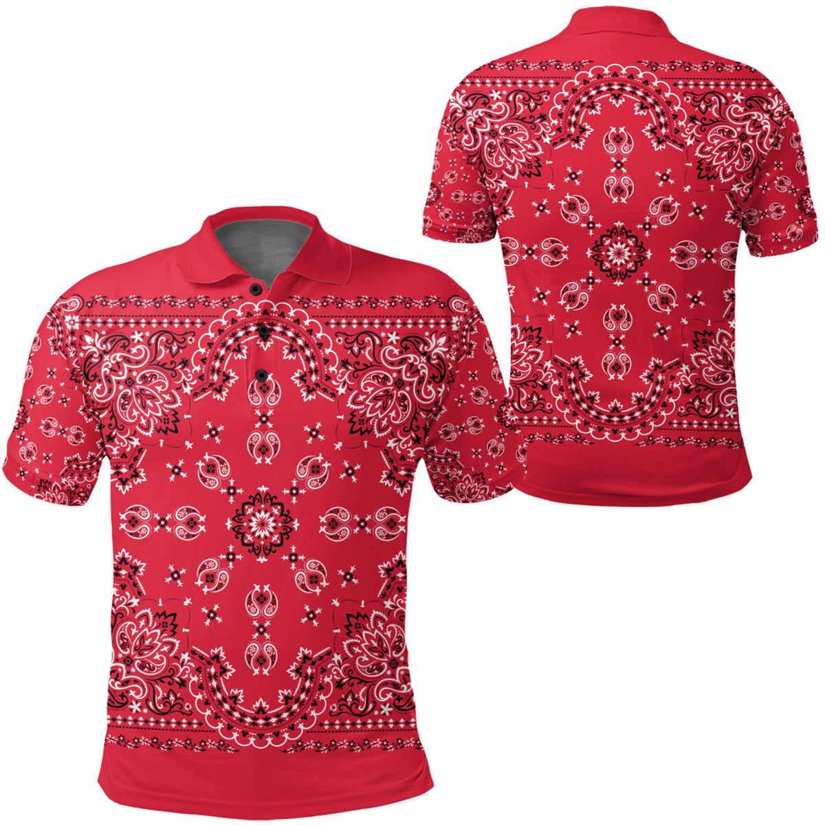 Red paisley bandana print polo shirt set: front and back views, button placket