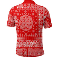 Red paisley polo shirt back view with short sleeves and curved hem