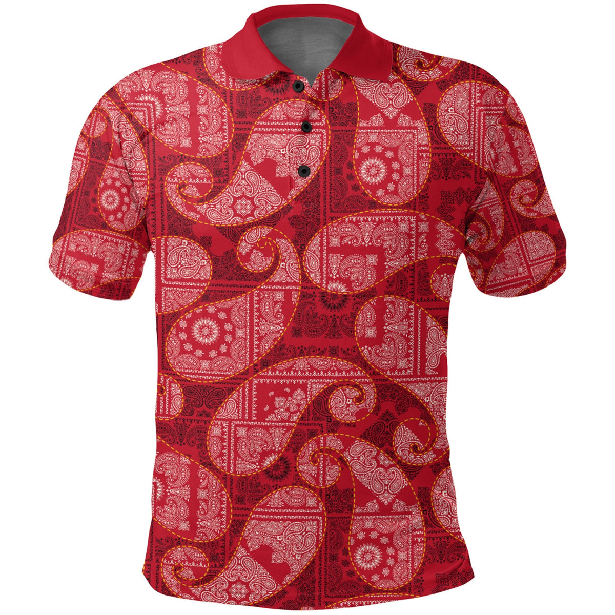Red paisley bandana polo shirt close-up: collar, 3-button placket, all-over pattern