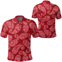 Red paisley bandana print polo shirt front & back, button placket, short sleeves