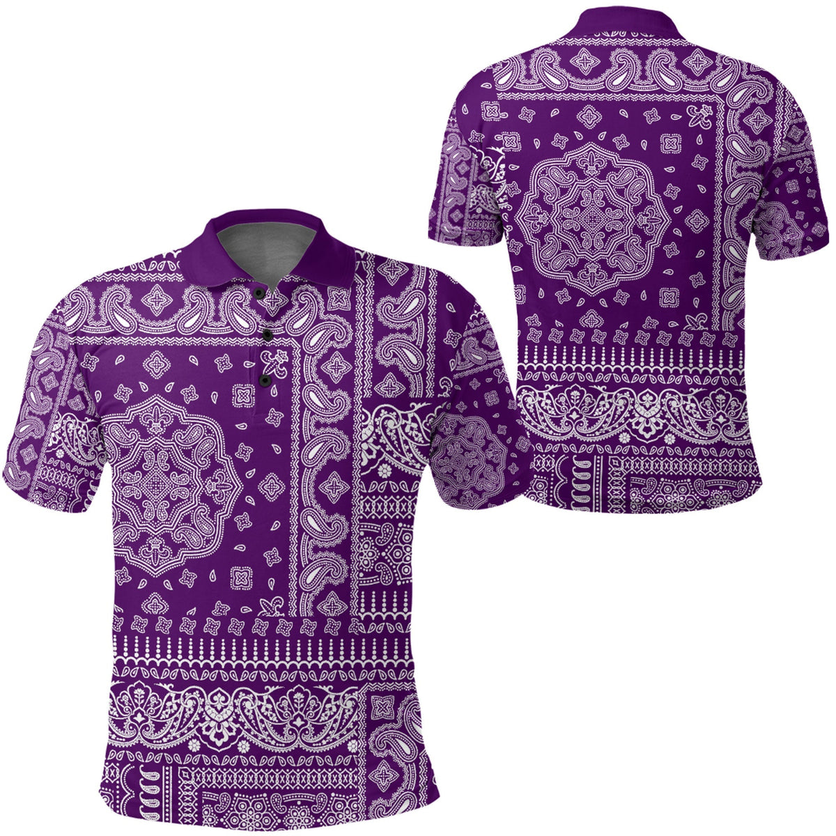Purple paisley polo shirt, front and back views on white background