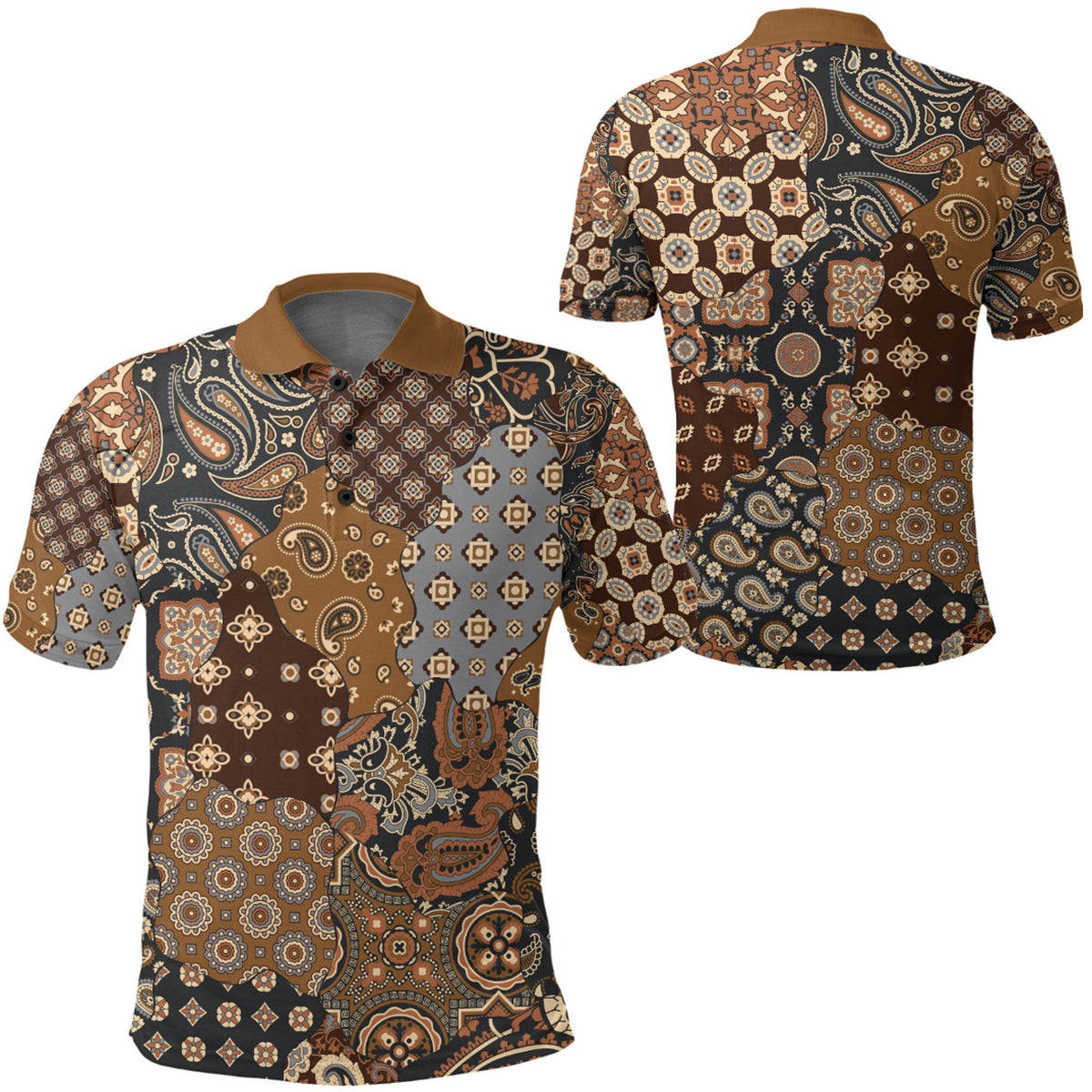 Paisley bandana polo shirt front and back view, short sleeves
