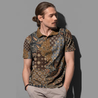 Brown paisley-pattern polo shirt with button placket and short sleeves