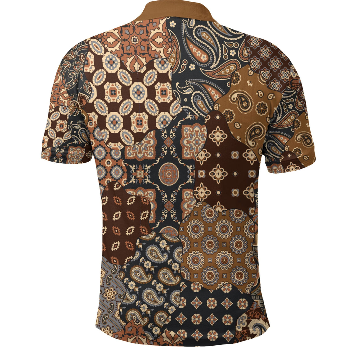 Paisley polo shirt back view with all-over bandana pattern, short sleeves