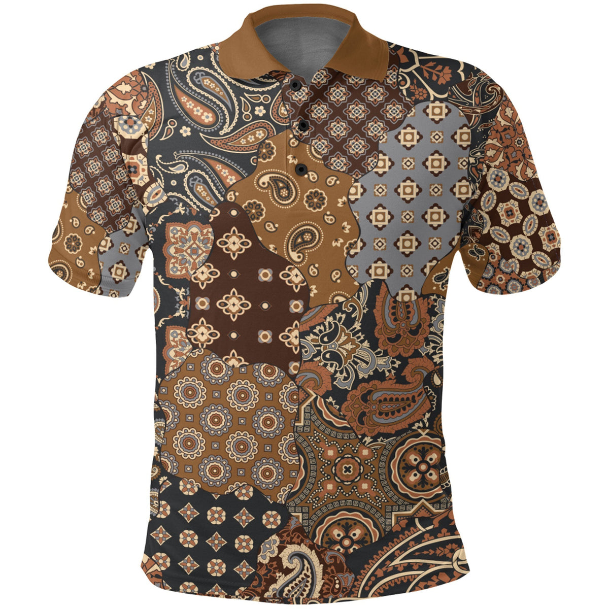 Brown-and-navy paisley polo shirt with button placket and pointed collar