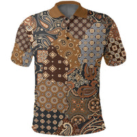 Brown-and-navy paisley polo shirt with button placket and pointed collar