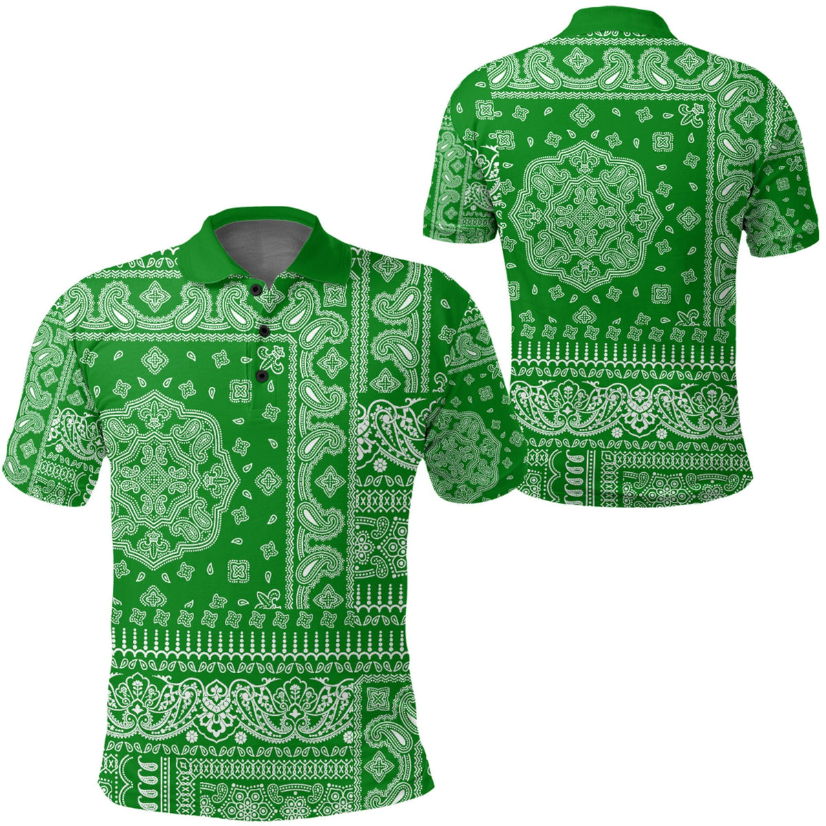 Green paisley bandana polo—front and back views, button placket, short sleeves