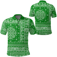 Green paisley bandana polo—front and back views, button placket, short sleeves