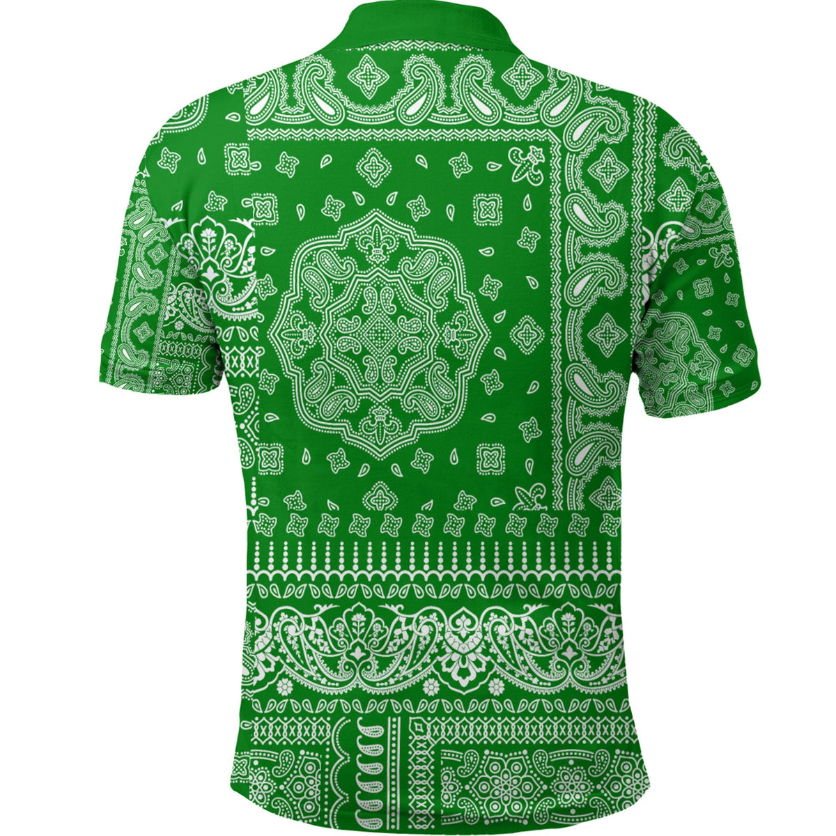 Green bandana-print polo shirt back view, short sleeves, full paisley pattern