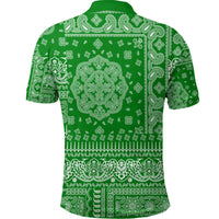 Green bandana-print polo shirt back view, short sleeves, full paisley pattern