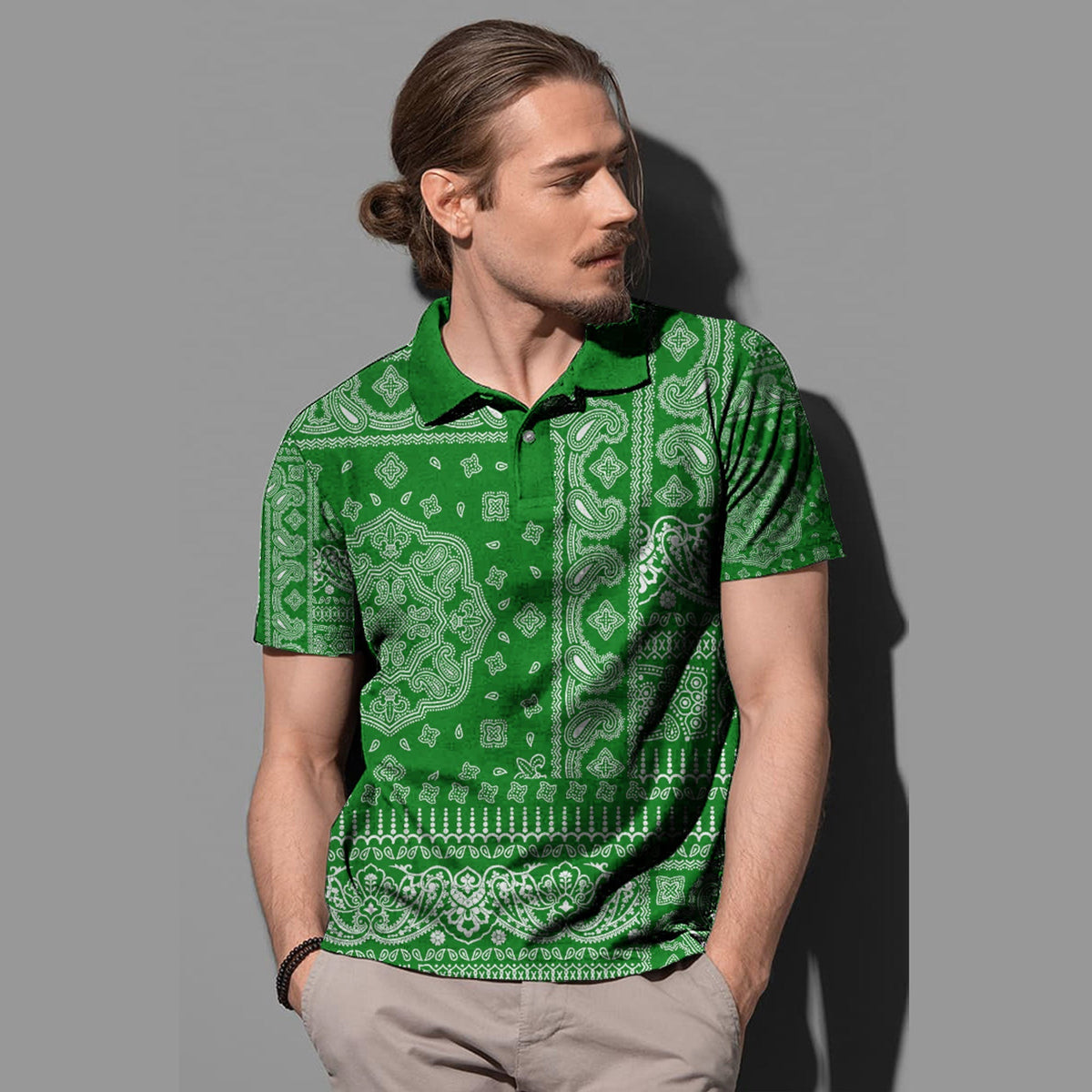 Green paisley bandana polo, button-front, short sleeves with white intricate print
