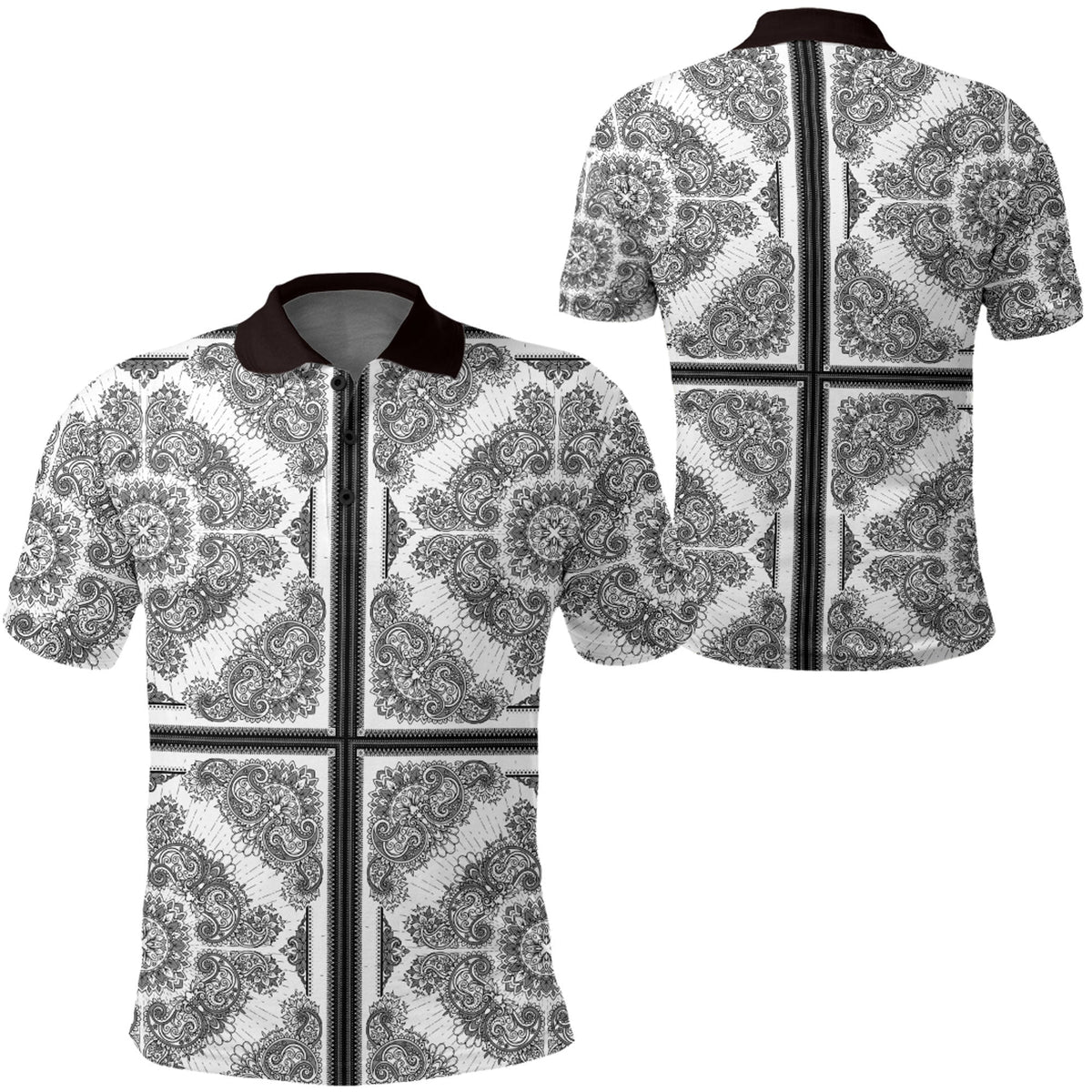 Paisley polo shirt front and back views, black zip placket, dark collar, white pattern