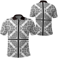 Paisley polo shirt front and back views, black zip placket, dark collar, white pattern