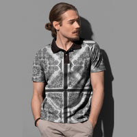 Paisley polo shirt with black zip front, dark collar, white base, ornate seamless pattern