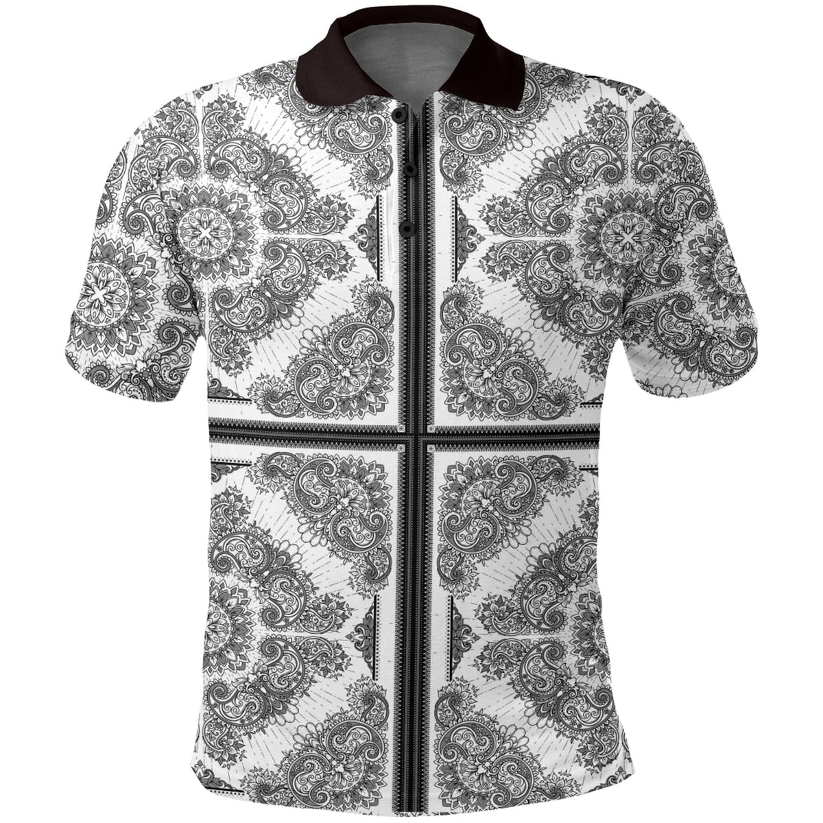 Paisley polo shirt front view, buttoned dark collar, black zipper, white with gray paisley