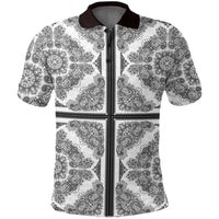 Paisley polo shirt front view, buttoned dark collar, black zipper, white with gray paisley