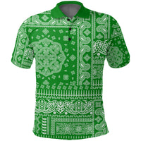 Green bandana-print polo shirt front view, collared neck with button placket